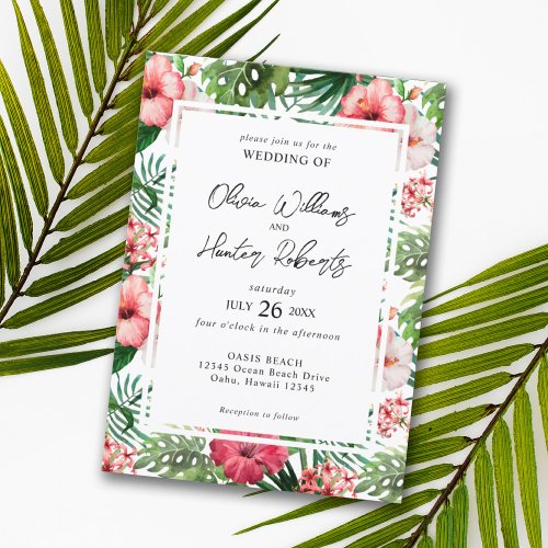 Tropical Floral Hibiscus Wedding White Invitation