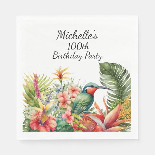 Tropical Floral Hummingbird 100th Birthday Napkins