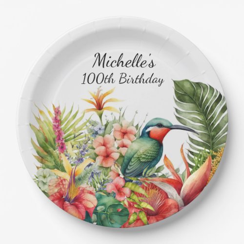 Tropical Floral Hummingbird 100th Birthday Paper Plates