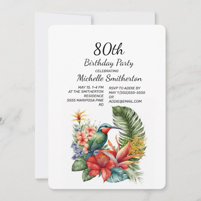 Tropical Floral Hummingbird 80th Birthday Invitation (Front)