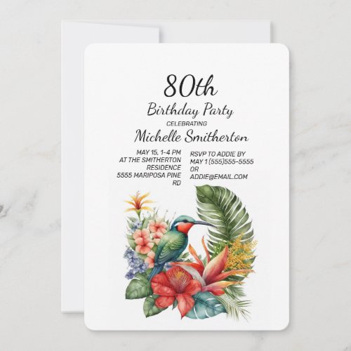 Tropical Floral Hummingbird 80th Birthday Invitation