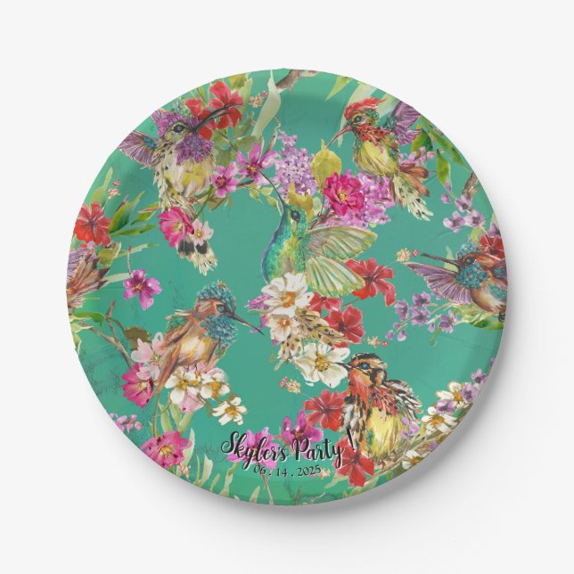 Tropical Floral Hummingbirds Watercolor Party  Paper Plates (Front)