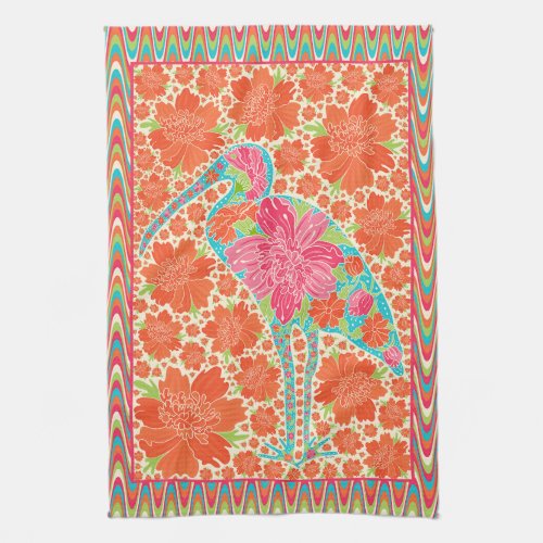 Tropical Floral Ibis Tea Bird Kitchen Towel