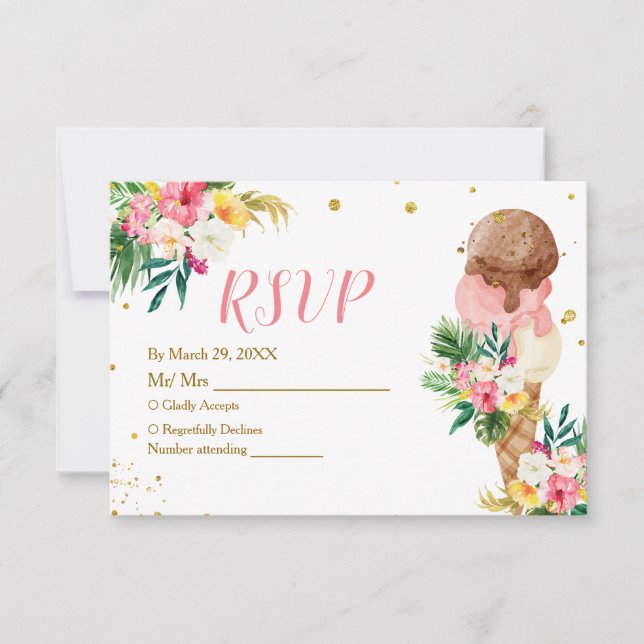 Tropical Floral Ice Cream Bridal Shower RSVP Card (Front)