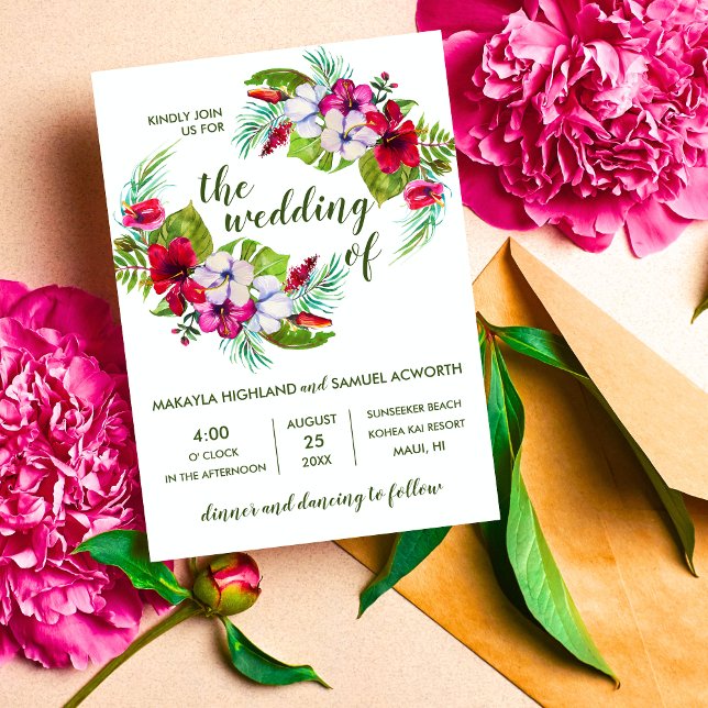 Tropical Floral Island Hibiscus Green Wedding Invitation (Creator Uploaded)