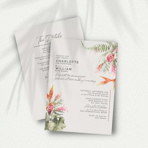 Tropical Floral Ivory RSVP QR Code Wedding Gold Foil Invitation