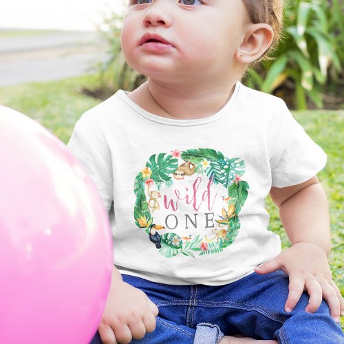 Tropical Floral Jungle Animals First Birthday Baby T_Shirt