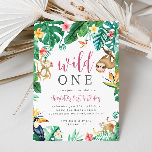Tropical Floral Jungle Animals First Birthday Invitation