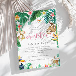 Tropical Floral Jungle Animals Kids Birthday Party Invitation<br><div class="desc">Invite guests to your child's summery tropical jungle themed birthday party with these colorful invitations. Island chic design features monstera leaves and green watercolor foliage with monkeys, a sloth, a hummingbird and a parrot. Colorful tropical floral accents complete the design. Personalize with your child's name in vibrant pink script lettering,...</div>