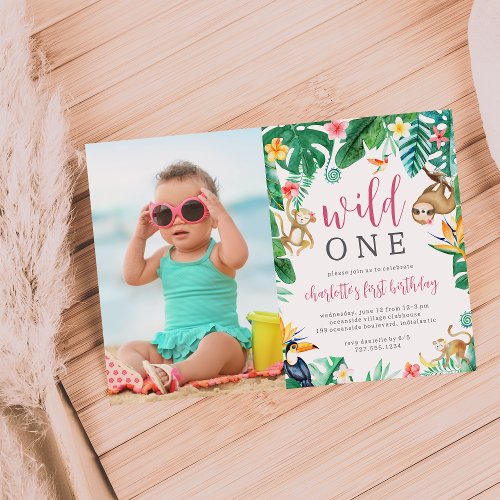 Tropical Floral Jungle Animals Kids Birthday Photo Invitation