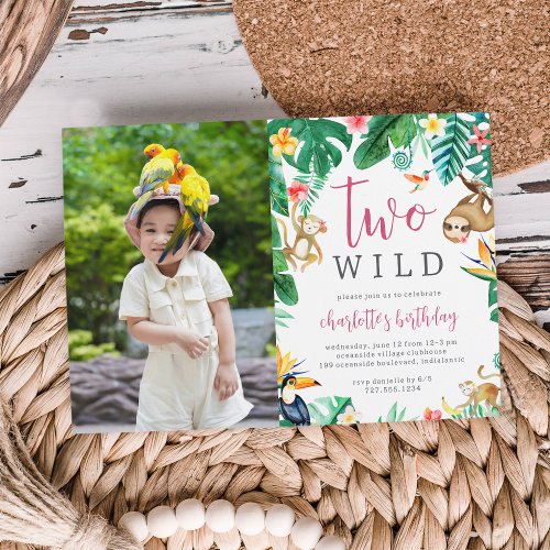 Tropical Floral Jungle Animals Kids Birthday Photo Invitation