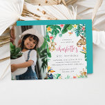 Tropical Floral Jungle Animals Kids Birthday Photo Invitation<br><div class="desc">Invite guests to your child's summery tropical jungle themed birthday party with these colorful invitations. Island chic design features monstera leaves and green watercolor foliage with monkeys, a sloth, a hummingbird and a parrot. Colorful tropical floral accents complete the design, along with a photo of the birthday child. Personalize with...</div>