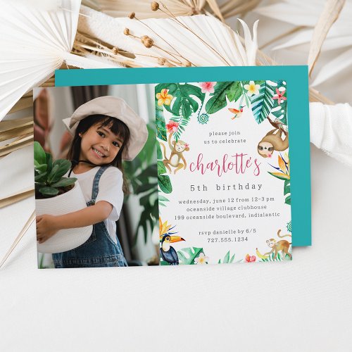 Tropical Floral Jungle Animals Kids Birthday Photo Invitation