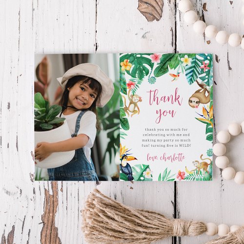 Tropical Floral Jungle Animals Kids Birthday Photo Thank You Card