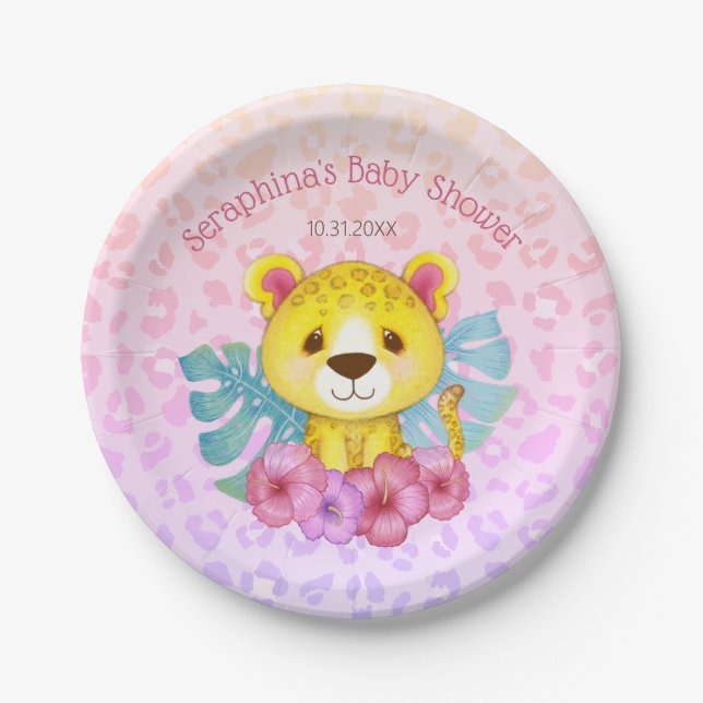 Tropical Floral Jungle Leopard Baby Shower Paper Plates (Front)