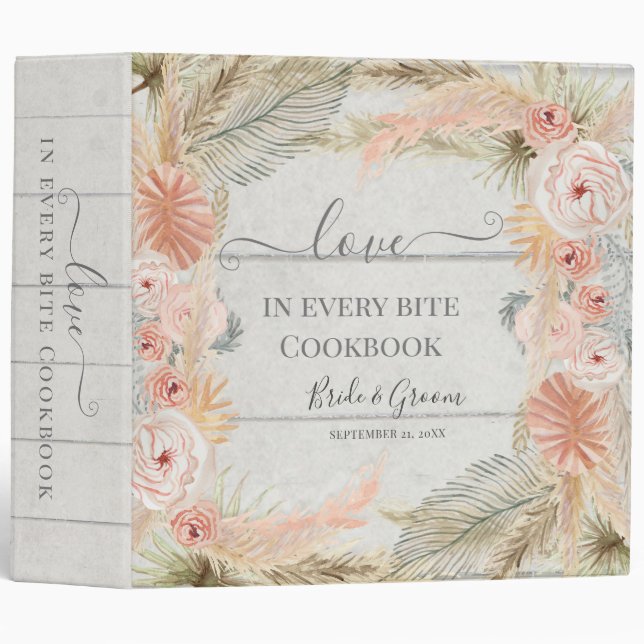Tropical Floral Leaf Blush Pampas Wedding Cookbook 3 Ring Binder (Front/Spine)