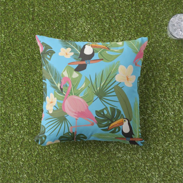 Tropical Floral Leaf Flamingo Toucan Blue Summer Outdoor Pillow (Grass)