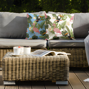 Tropical Floral Leaf Flamingo Toucan Summer Outdoor Pillow