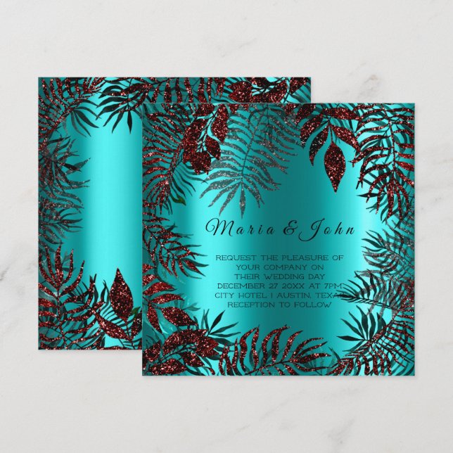 Tropical Floral Leaf Glitter Garden Burgundy Ocean Invitation (Front/Back)