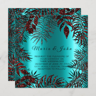 Tropical Floral Leaf Glitter Garden Burgundy Ocean Invitation