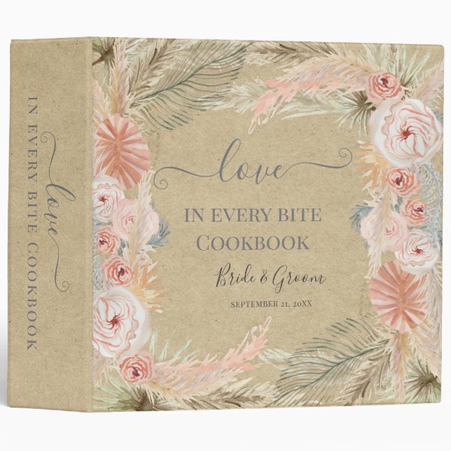 Tropical Floral Leaf Pampas Wedding Cookbook Kraft 3 Ring Binder (Front/Spine)