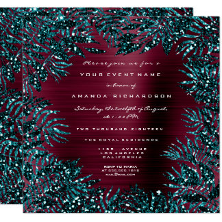 Teal Blue Red Wedding Invitations Announcements Zazzle Tropical Fl Leafs Framed Glitter Teal Burgundy Card