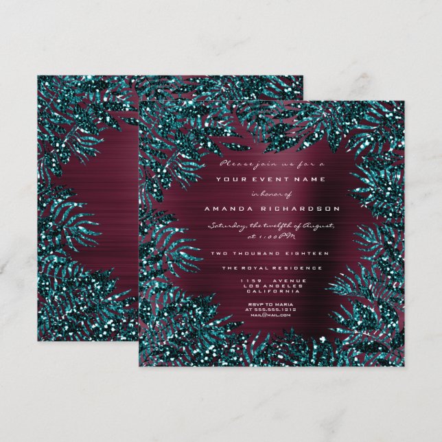 Tropical Floral Leafs Framed Glitter Teal Burgundy Invitation (Front/Back)