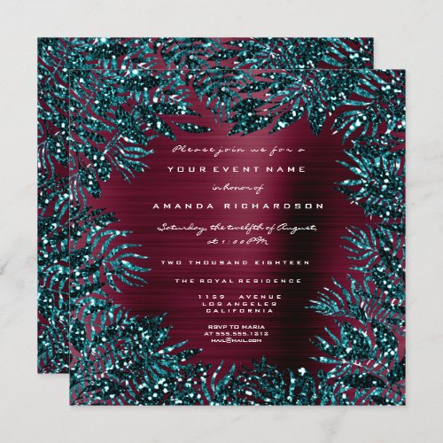 Tropical Floral Leafs Framed Glitter Teal Burgundy Invitation