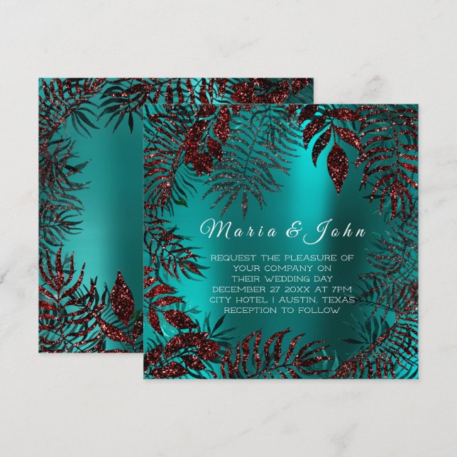 Tropical Floral Leafs Glitter Garden Burgundy Teal Invitation (Front/Back)