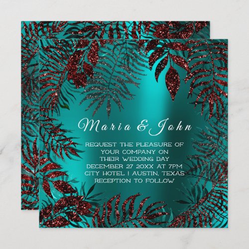 Tropical Floral Leafs Glitter Garden Burgundy Teal Invitation