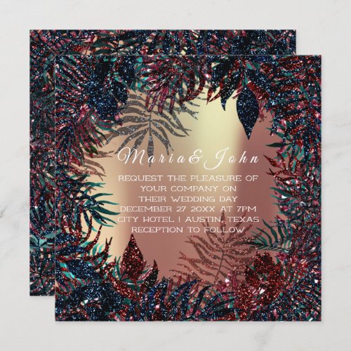 Tropical Floral Leafs Skinny Garden Burgundy Navy Invitation