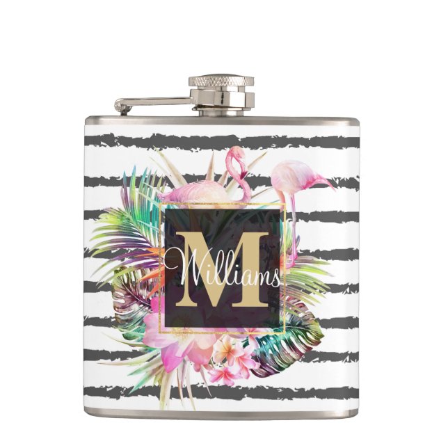 tropical floral leaves and flamingos stripes flask (Front)