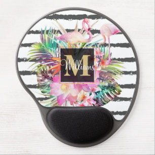 tropical floral leaves and flamingos stripes gel mouse pad