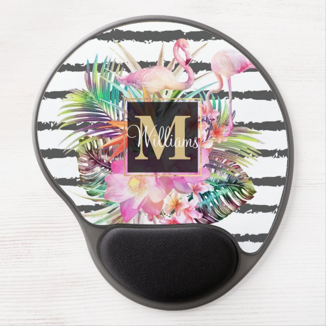 tropical floral leaves and flamingos stripes gel mouse pad (Front)