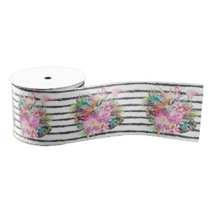 tropical floral leaves and flamingos stripes grosgrain ribbon