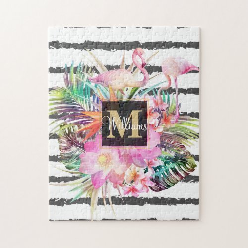 tropical floral leaves and flamingos stripes jigsaw puzzle