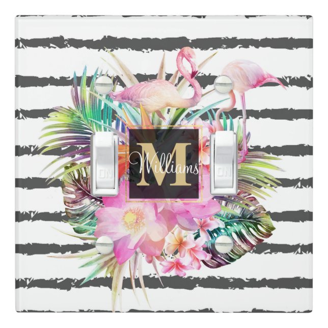 tropical floral leaves and flamingos stripes light switch cover (In Situ)