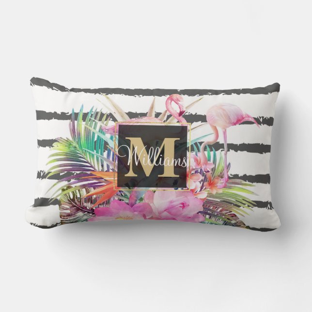 tropical floral leaves and flamingos stripes lumbar pillow (Front)