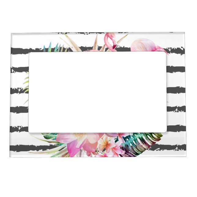 tropical floral leaves and flamingos stripes magnetic picture frame (Front)