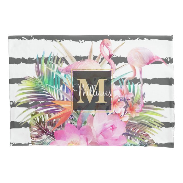 tropical floral leaves and flamingos stripes pillow case (Front)