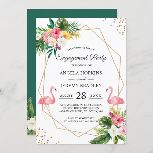Tropical Floral Leaves Flamingo Engagement Party Invitation
