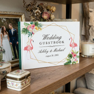 Tropical Floral Leaves Flamingos Wedding Guest Book