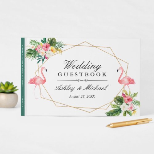 Tropical Floral Leaves Flamingos Wedding Guest Book