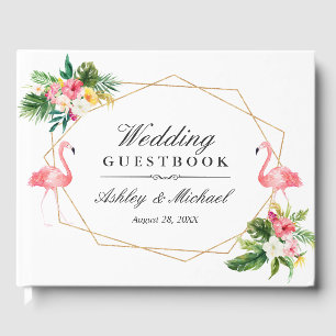 Tropical Floral Leaves Flamingos Wedding Guest Book