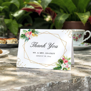 Tropical Floral Leaves Gold Frame Thank You Card