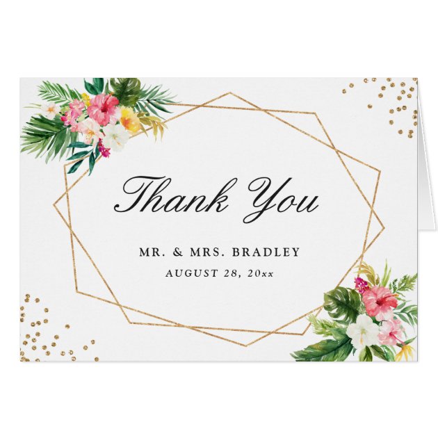 Tropical Floral Leaves Gold Frame Thank You Card