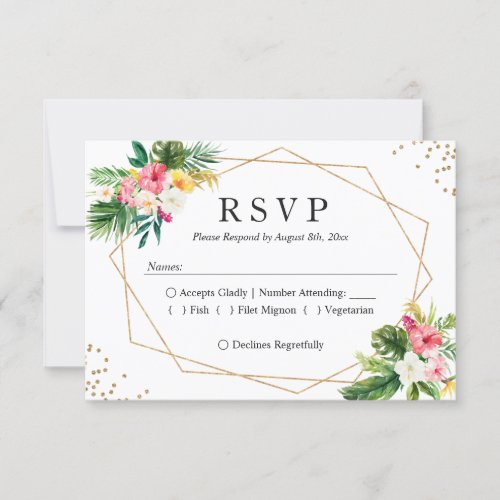 Tropical Floral Leaves Gold Frame Wedding RSVP