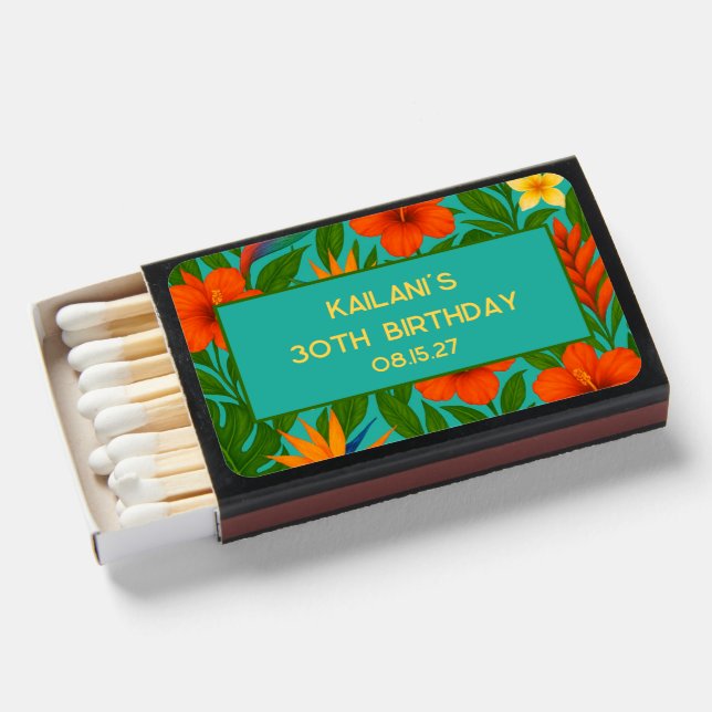Tropical Floral Leaves Luau Hawaii Birthday Party Matchboxes (Front Open)