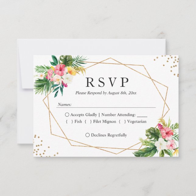 Tropical Floral Leaves Modern Wedding RSVP Reply (Front)