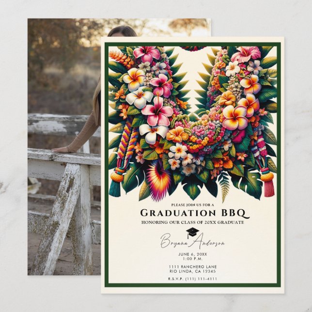 Tropical Floral Lei Graduation Photo BBQ Party  Invitation (Front/Back)